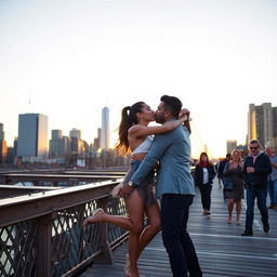 A dynamic scene set on the iconic Brooklyn Bridge, featuring a young woman inspired by Kiara Advani dressed in a chic bikini top and a sheer mini skirt