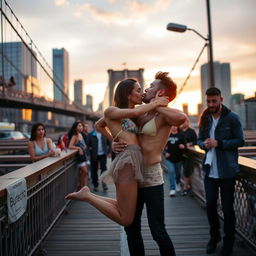 A dynamic scene set on the iconic Brooklyn Bridge, featuring a young woman inspired by Kiara Advani dressed in a chic bikini top and a sheer mini skirt
