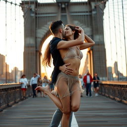 A dynamic scene set on the iconic Brooklyn Bridge, featuring a young woman inspired by Kiara Advani dressed in a chic bikini top and a sheer mini skirt