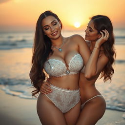 A romantic scene featuring two beautiful white-skinned women