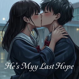 A realistic and poignant scene of a girl and a boy kissing tenderly in the gloomy rain, both wearing school uniforms that cling to them from the moisture