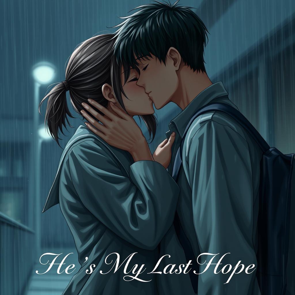 A realistic and poignant scene of a girl and a boy kissing tenderly in the gloomy rain, both wearing school uniforms that cling to them from the moisture