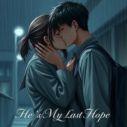 A realistic and poignant scene of a girl and a boy kissing tenderly in the gloomy rain, both wearing school uniforms that cling to them from the moisture