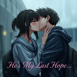 A realistic and poignant scene of a girl and a boy kissing tenderly in the gloomy rain, both wearing school uniforms that cling to them from the moisture