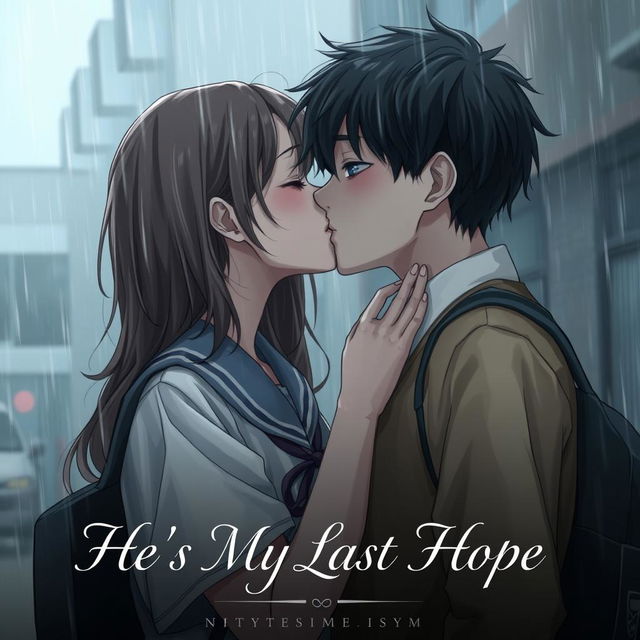 A realistic and poignant scene of a girl and a boy kissing tenderly in the gloomy rain, both wearing school uniforms that cling to them from the moisture