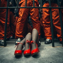 A dramatic low angle shot focusing on a large group of African American gang members, their legs clad in baggy orange pants, creating an intimidating atmosphere