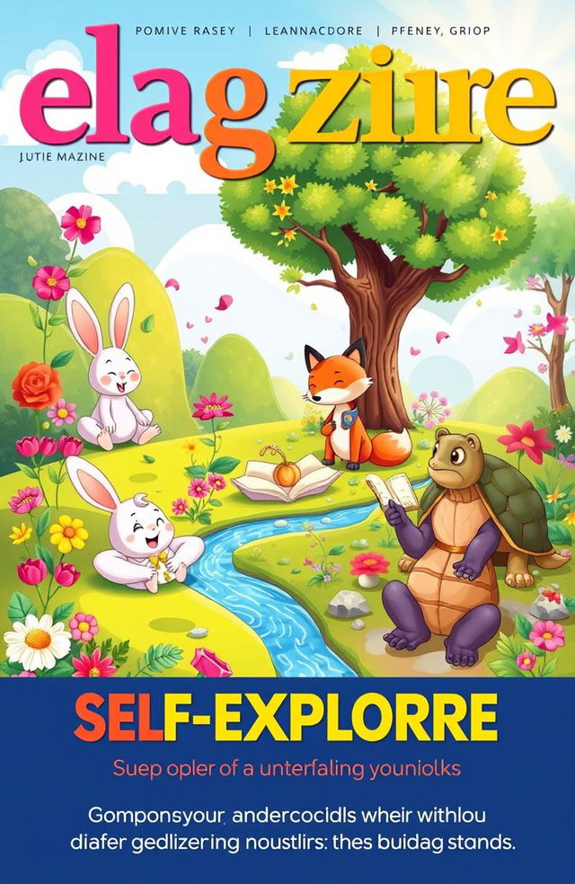 A vibrant magazine cover featuring cartoon characters engaged in various self-exploration activities