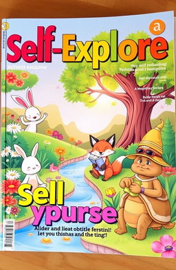 A vibrant magazine cover featuring cartoon characters engaged in various self-exploration activities