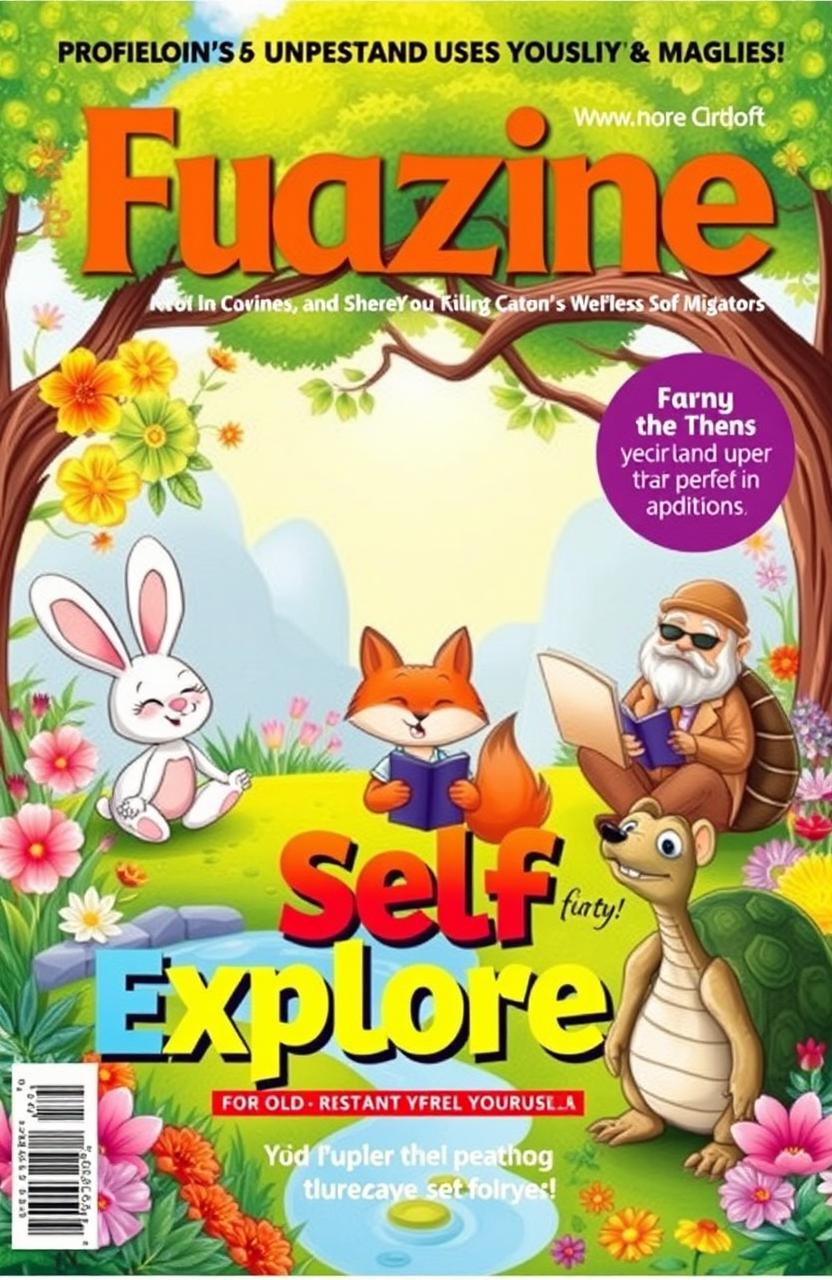 A vibrant magazine cover featuring cartoon characters engaged in various self-exploration activities