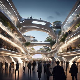 A futuristic state-of-the-art street bustling with pedestrians and vehicles, featuring advanced architecture and technology.