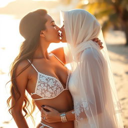 A romantic scene featuring two white-skinned women