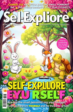 A vibrant magazine cover featuring cartoon characters engaged in various self-exploration activities