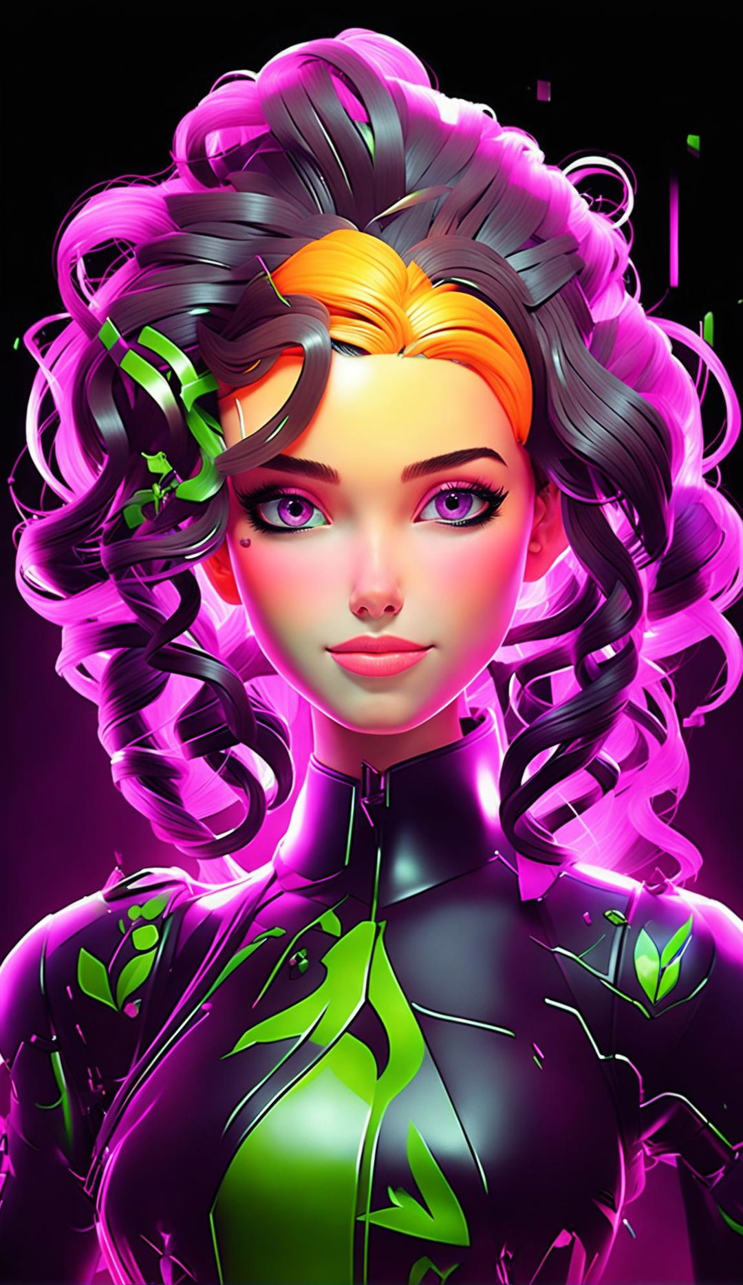 A cyber-organic Fortnite woman with glass skin revealing plant matter and mechanical components within her body. She has neon purple hair styled classically and loose curls.