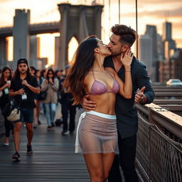 A vibrant scene set on the iconic Brooklyn Bridge, featuring a young woman inspired by Kiara Advani in a stylish bikini top and a sheer mini skirt