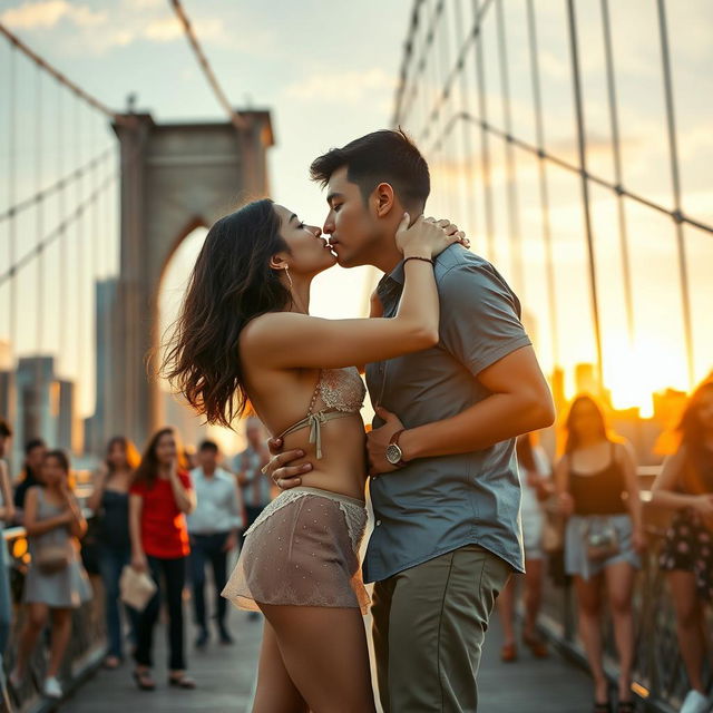 A vibrant scene set on the iconic Brooklyn Bridge, featuring a young woman inspired by Kiara Advani in a stylish bikini top and a sheer mini skirt