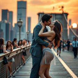 A vibrant scene set on the iconic Brooklyn Bridge, featuring a young woman inspired by Kiara Advani in a stylish bikini top and a sheer mini skirt