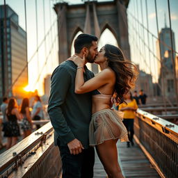 A vibrant scene set on the iconic Brooklyn Bridge, featuring a young woman inspired by Kiara Advani in a stylish bikini top and a sheer mini skirt