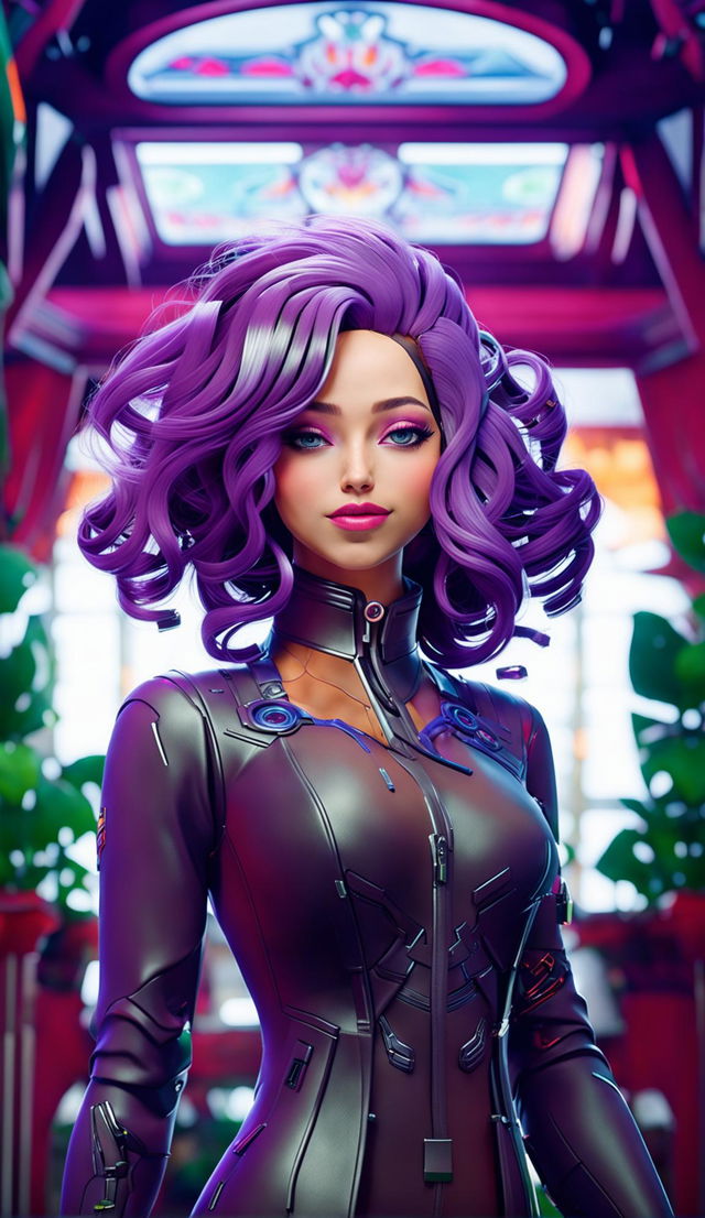 A cyber-organic Fortnite woman with glass skin revealing plant matter and mechanical components within her body. She has violet hair styled classically and loose curls, posing confidently in the lobby.