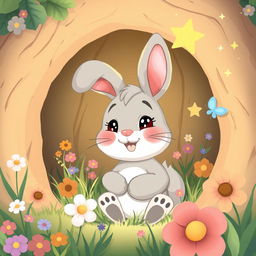 A whimsical cartoon illustration of a happy rabbit named Benny snuggled inside his cozy burrow