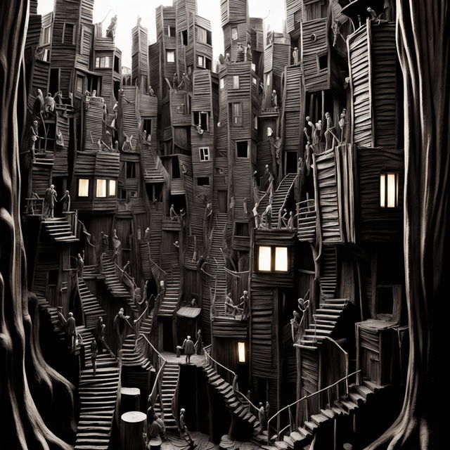 Monochromatic cityscape photograph of a gum tree's bark and jungle trees transformed into towering buildings with windows and human silhouettes, creating a bustling treehouse metropolis.