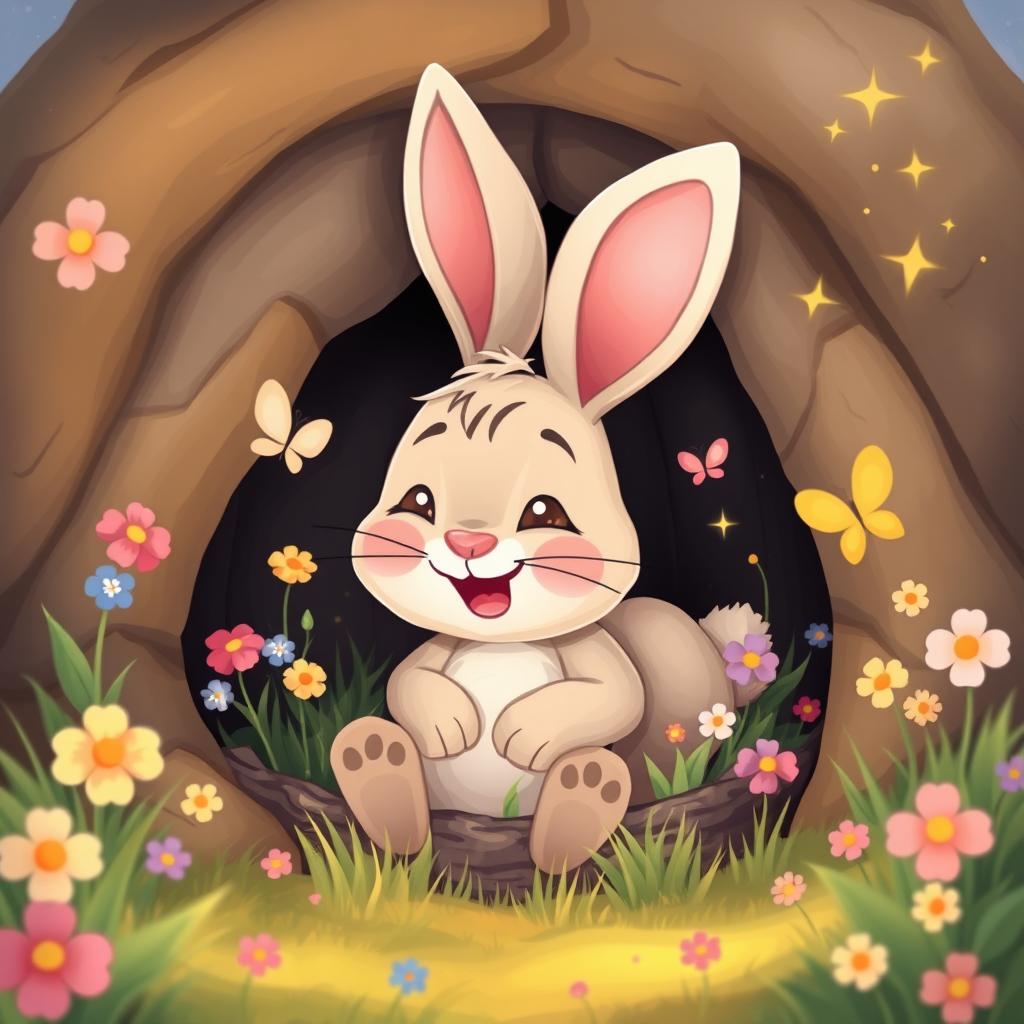 A whimsical cartoon illustration of a happy rabbit named Benny snuggled inside his cozy burrow