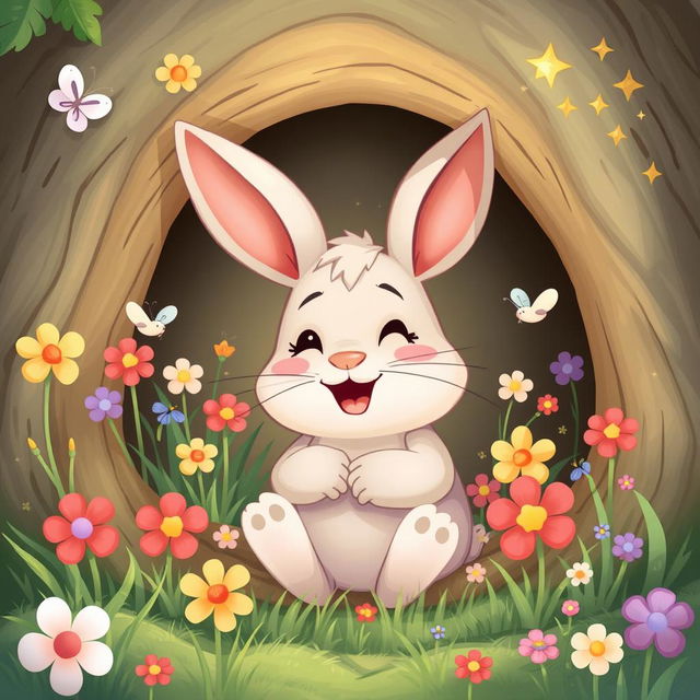 A whimsical cartoon illustration of a happy rabbit named Benny snuggled inside his cozy burrow