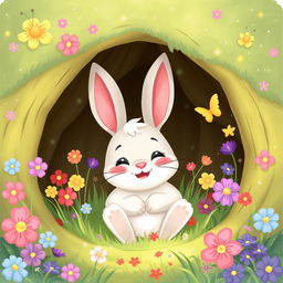 A whimsical cartoon illustration of a happy rabbit named Benny snuggled inside his cozy burrow