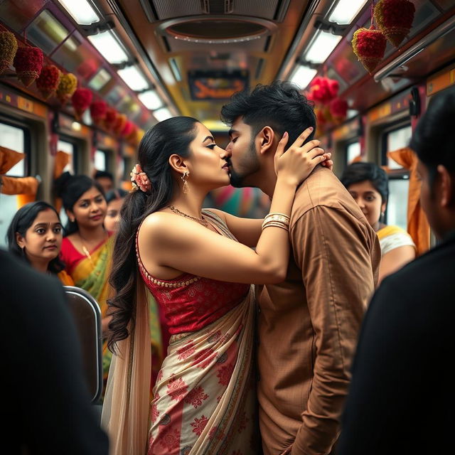 A vibrant scene set inside an Indian train, featuring a young woman inspired by Kiara Advani wearing a beautiful sleeveless salwar kameez that tastefully showcases her cleavage