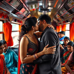 A vibrant scene set inside an Indian train, featuring a young woman inspired by Kiara Advani wearing a beautiful sleeveless salwar kameez that tastefully showcases her cleavage