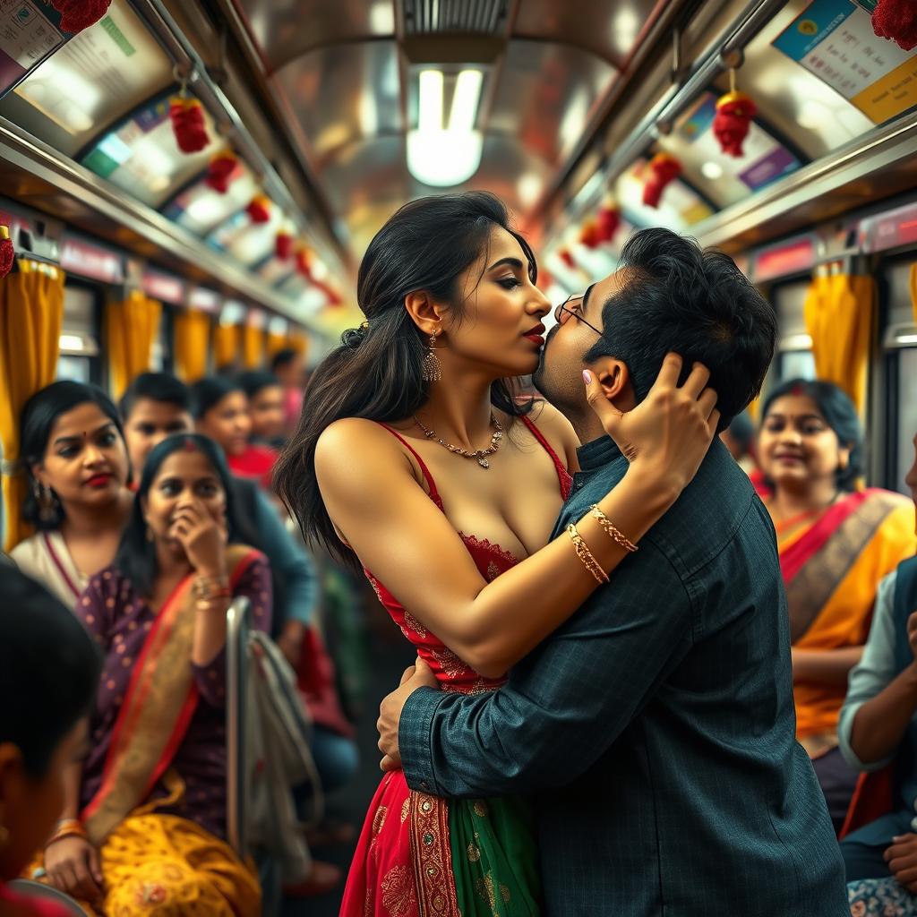 A vibrant scene set inside an Indian train, featuring a young woman inspired by Kiara Advani wearing a beautiful sleeveless salwar kameez that tastefully showcases her cleavage