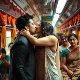 A vibrant scene set inside an Indian train, featuring a young woman inspired by Kiara Advani wearing a beautiful sleeveless salwar kameez that tastefully showcases her cleavage