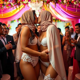 In a vibrant wedding scene, two beautiful women are sharing a passionate kiss