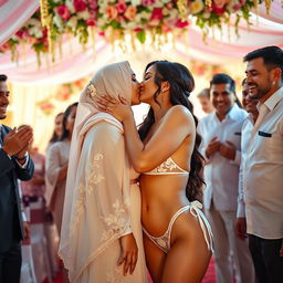 In a vibrant wedding scene, two beautiful women are sharing a passionate kiss