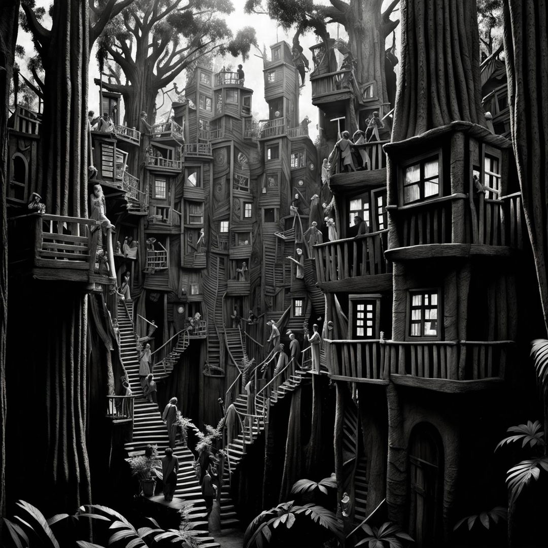 Monochromatic cityscape photograph of a gum tree's bark and jungle trees transformed into towering buildings with windows, human silhouettes, and a large canopy of jungle leaves, creating a bustling treehouse metropolis.