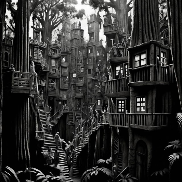 Monochromatic cityscape photograph of a gum tree's bark and jungle trees transformed into towering buildings with windows, human silhouettes, and a large canopy of jungle leaves, creating a bustling treehouse metropolis.