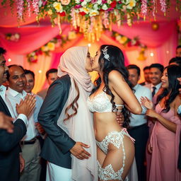In a vibrant wedding scene, two beautiful women are sharing a passionate kiss