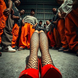A dramatic low-angle view captures a scene with a large group of African American gang members, identifiable by their distinctive styles, including baggy orange pants