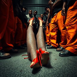 A dramatic low-angle view captures a scene with a large group of African American gang members, identifiable by their distinctive styles, including baggy orange pants