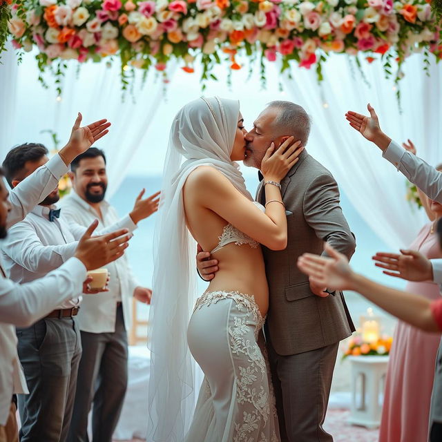 A picturesque wedding scene featuring two white-skinned women in a romantic embrace