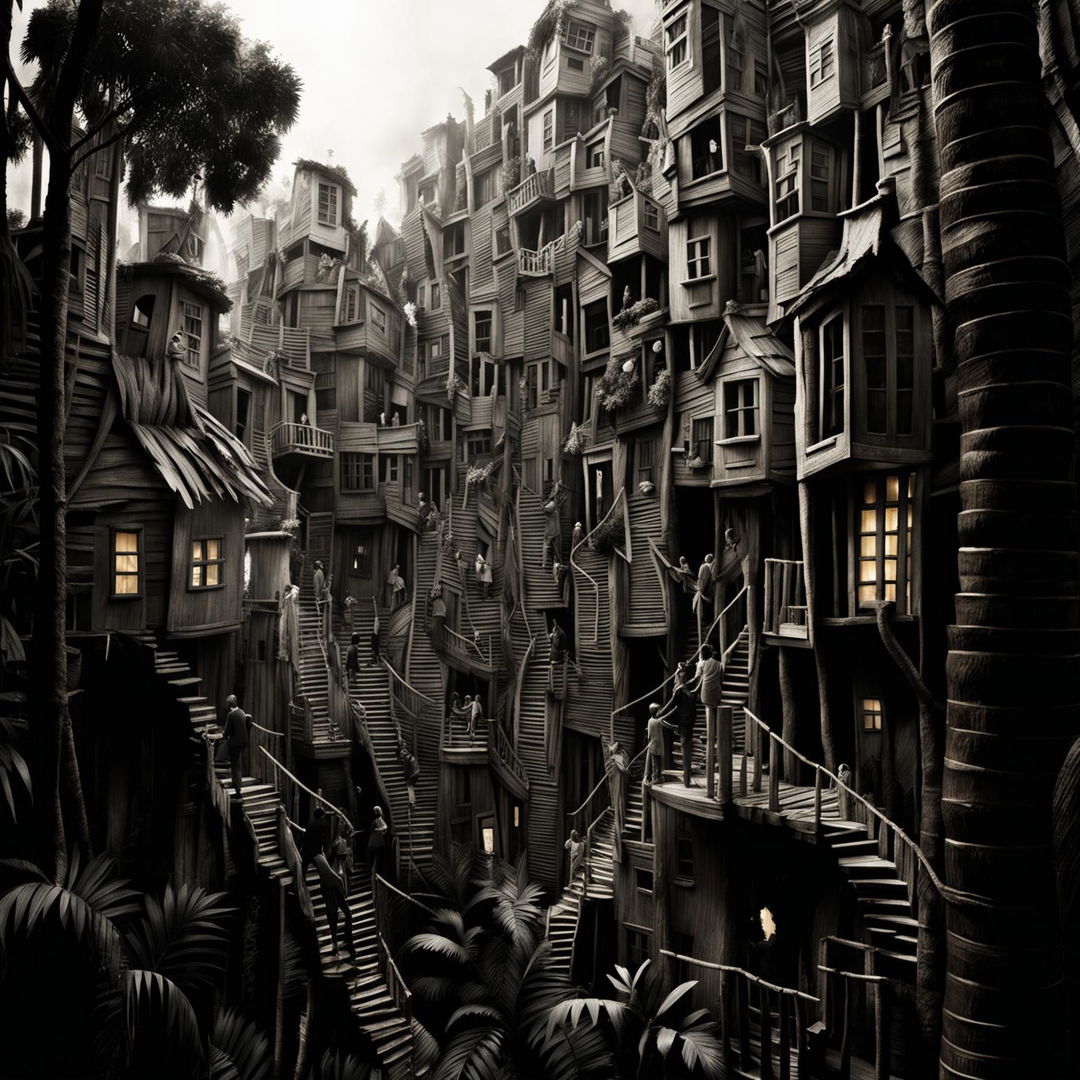 Monochromatic cityscape photograph of a gum tree's bark and jungle trees transformed into towering buildings with windows, human silhouettes, a large canopy of jungle leaves, and wisps of smoke, creating a bustling treehouse metropolis.