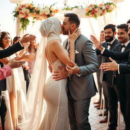 A picturesque wedding scene featuring two white-skinned women in a romantic embrace