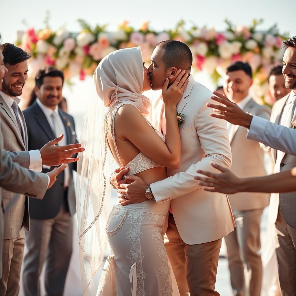 A picturesque wedding scene featuring two white-skinned women in a romantic embrace