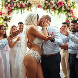 A picturesque wedding scene featuring two white-skinned women in a romantic embrace