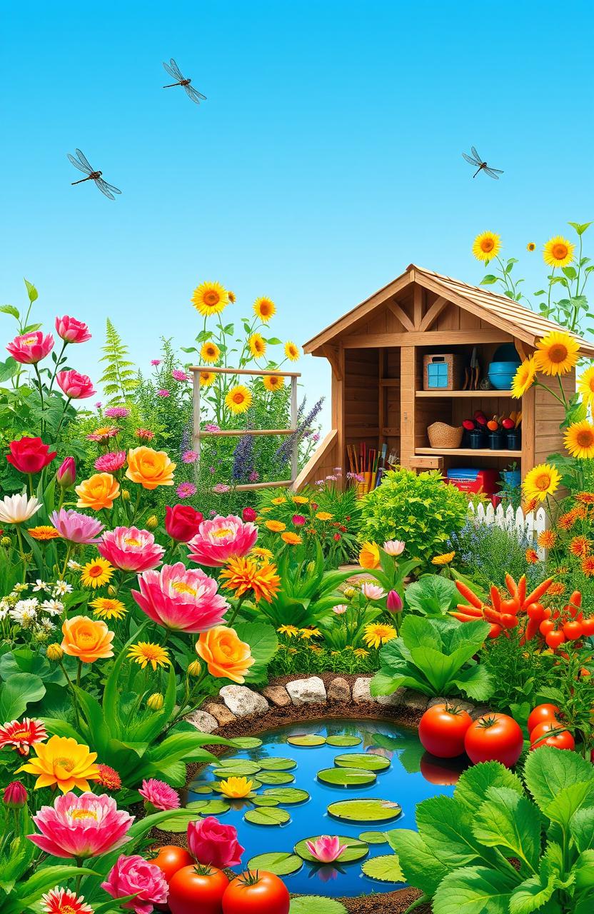 A vibrant and detailed scene showcasing a diverse horticulture garden featuring various colorful flowers, lush green plants, and healthy vegetables