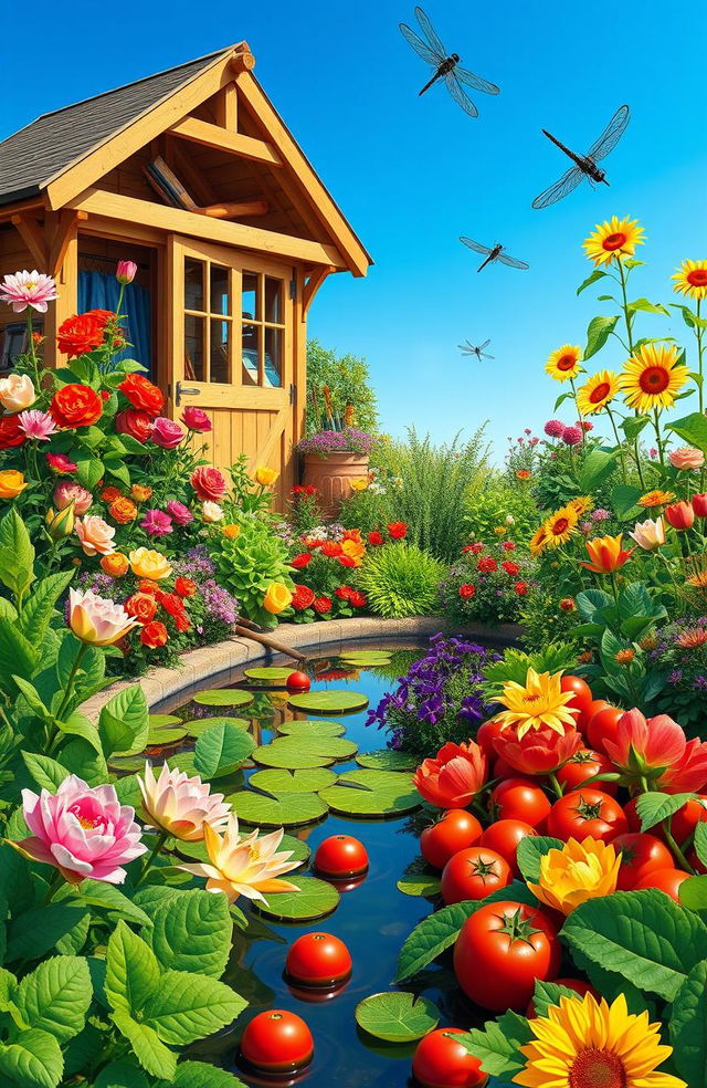 A vibrant and detailed scene showcasing a diverse horticulture garden featuring various colorful flowers, lush green plants, and healthy vegetables