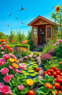 A vibrant and detailed scene showcasing a diverse horticulture garden featuring various colorful flowers, lush green plants, and healthy vegetables