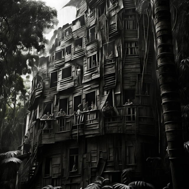 Monochromatic architectural photograph of a gum tree's bark and jungle trees transformed into a towering skyscraper with windows, human silhouettes, a large canopy of jungle leaves, and wisps of smoke.