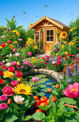 A vibrant and detailed scene showcasing a diverse horticulture garden featuring various colorful flowers, lush green plants, and healthy vegetables