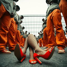 A low angle shot featuring a large group of African American gang members, showcasing their legs dressed in baggy orange pants, standing confidently around two Caucasian legs wearing ripped fishnets and striking red high heels lying on the ground, emphasized by the stark context of prison bars in the background, creating an intense and dramatic scene