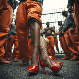 A low angle shot featuring a large group of African American gang members, showcasing their legs dressed in baggy orange pants, standing confidently around two Caucasian legs wearing ripped fishnets and striking red high heels lying on the ground, emphasized by the stark context of prison bars in the background, creating an intense and dramatic scene